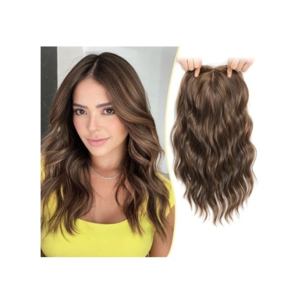 Ms Taj 16 Inch Clip In Hair Topper Wavy Synthetic Warm Brown Hairpiece Silk Base